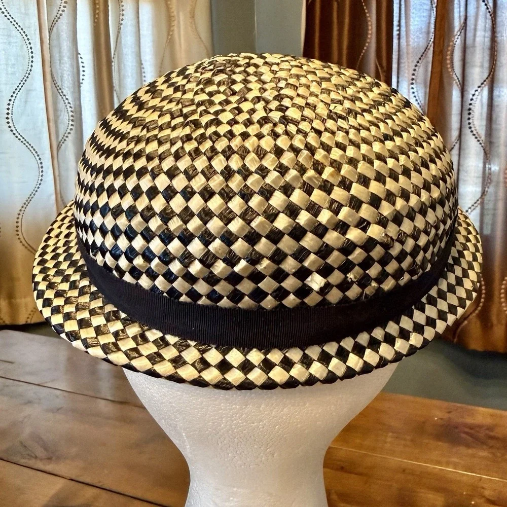 VTG 1950s MCM Women Black White Check Woven Straw Stingy Brim Trilby Hat Ribbon
